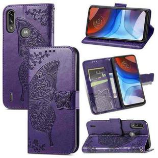 For Motorola Moto E7 Power Butterfly Love Flower Embossed Horizontal Flip Leather Case with Bracket & Card Slot & Wallet & Lanyard(Dark Purple)