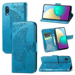 For Samsung Galaxy A02 Butterfly Love Flower Embossed Horizontal Flip Leather Case with Bracket & Card Slot & Wallet & Lanyard(Blue)