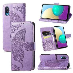 For Samsung Galaxy A02 Butterfly Love Flower Embossed Horizontal Flip Leather Case with Bracket & Card Slot & Wallet & Lanyard(Light Purple)
