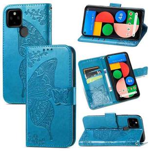 For Google Pixel 5A Butterfly Love Flower Embossed Horizontal Flip Leather Case with Bracket & Card Slot & Wallet & Lanyard(Blue)
