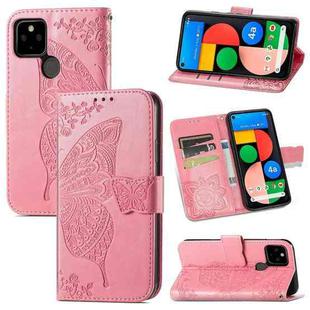 For Google Pixel 5A Butterfly Love Flower Embossed Horizontal Flip Leather Case with Bracket & Card Slot & Wallet & Lanyard(Pink)