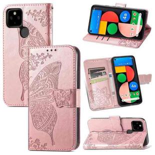 For Google Pixel 5A Butterfly Love Flower Embossed Horizontal Flip Leather Case with Bracket & Card Slot & Wallet & Lanyard(Rose Gold)