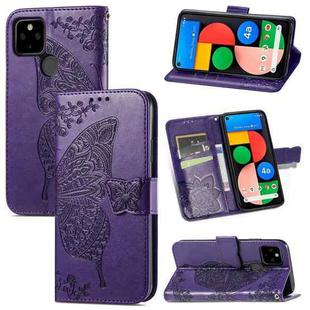 For Google Pixel 5A Butterfly Love Flower Embossed Horizontal Flip Leather Case with Bracket & Card Slot & Wallet & Lanyard(Dark Purple)