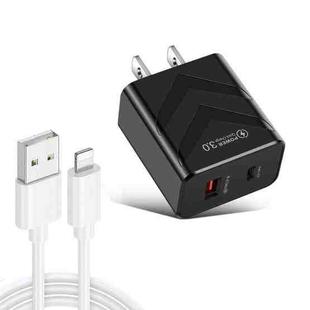 LZ-715 20W PD + QC 3.0 Dual Ports Fast Charging Travel Charger with USB to 8 Pin Data Cable, US Plug(Black)