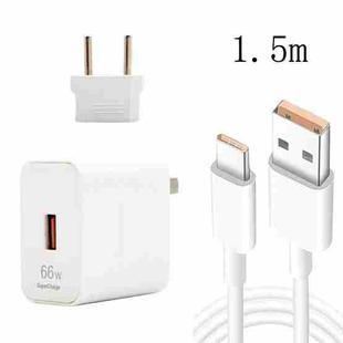 66W USB Fast Charging Travel Charger With EU Plug Conversion Head + 6A USB to Type-C Flash Charging Data Cable, EU Plug(1.5m)