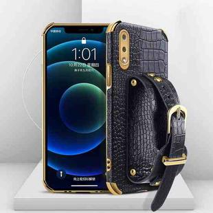 For Samsung Galaxy A02 Electroplated TPU Crocodile Pattern Leather Case with Wrist Strap(Black)