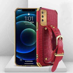 For Samsung  Galaxy A02s (EU Version) Electroplated TPU Crocodile Pattern Leather Case with Wrist Strap(Red)