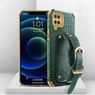 For Samsung Galaxy A12 Electroplated TPU Crocodile Pattern Leather Case with Wrist Strap(Green)