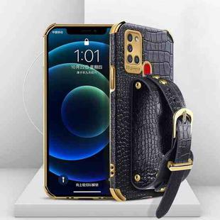 For Samsung Galaxy A21S Electroplated TPU Crocodile Pattern Leather Case with Wrist Strap(Black)