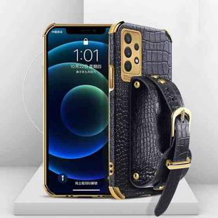 For Samsung Galaxy A32 4G Electroplated TPU Crocodile Pattern Leather Case with Wrist Strap(Black)