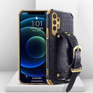 For Samsung Galaxy A32 5G Electroplated TPU Crocodile Pattern Leather Case with Wrist Strap(Black)