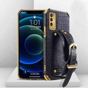 For Samsung Galaxy A41 Electroplated TPU Crocodile Pattern Leather Case with Wrist Strap(Black)