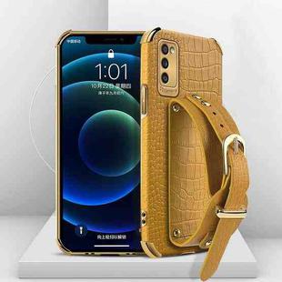 For Samsung Galaxy A41 Electroplated TPU Crocodile Pattern Leather Case with Wrist Strap(Yellow)