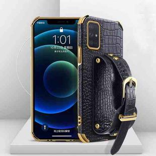 For Samsung Galaxy A52 5G/4G Electroplated TPU Crocodile Pattern Leather Case with Wrist Strap(Black)