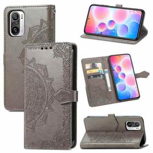 Halfway Mandala Embossing Pattern Horizontal Flip Leather Case with Holder & Card Slots & Wallet & Lanyard For Xiaomi Redmi Note 10 Pro(Grey)