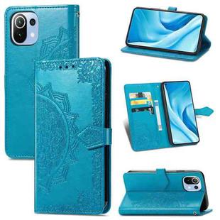Halfway Mandala Embossing Pattern Horizontal Flip Leather Case with Holder & Card Slots & Wallet & Lanyard For Xiaomi 11 Lite(Blue)