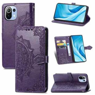 Halfway Mandala Embossing Pattern Horizontal Flip Leather Case with Holder & Card Slots & Wallet & Lanyard For Xiaomi 11 Lite(Purple)