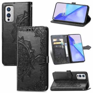 Halfway Mandala Embossing Pattern Horizontal Flip Leather Case with Holder & Card Slots & Wallet & Lanyard For OnePlus 9(Black)