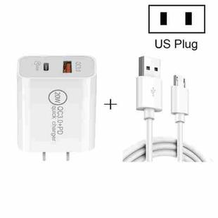20W PD Type-C + QC 3.0 USB Interface Fast Charging Travel Charger with USB to Micro USB Fast Charge Data Cable US Plug