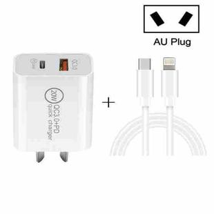 TCS-20WACA 20W PD Type-C + QC 3.0 USB Interface Fast Charging Travel Charger with USB-C / Type-C to 8 Pin Fast Charge Data Cable AU Plug