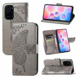 For Xiaomi Redmi K40 /K40 Pro /K40 Pro+ Butterfly Love Flowers Embossed Horizontal Flip Leather Case with Holder & Card Slots & Wallet & Lanyard(Gray)