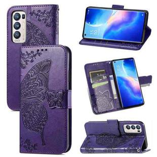 For OPPO Reno5 Pro+ Butterfly Love Flowers Embossed Horizontal Flip Leather Case with Holder & Card Slots & Wallet & Lanyard(Dark Purple)