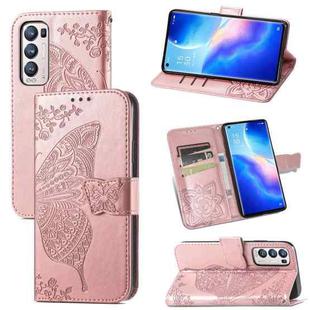 For OPPO Reno5 Pro+ Butterfly Love Flowers Embossed Horizontal Flip Leather Case with Holder & Card Slots & Wallet & Lanyard(Rose Gold)