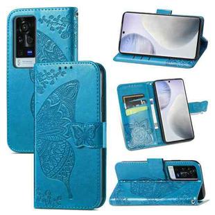 For vivo X60 Pro Butterfly Love Flowers Embossed Horizontal Flip Leather Case with Holder & Card Slots & Wallet & Lanyard(Blue)