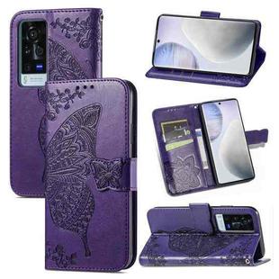 For vivo X60 Pro Butterfly Love Flowers Embossed Horizontal Flip Leather Case with Holder & Card Slots & Wallet & Lanyard(Dark Purple)