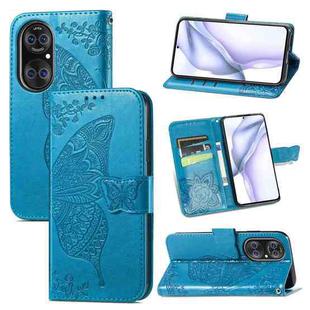 For Huawei  P50 Pro Butterfly Love Flowers Embossed Horizontal Flip Leather Case with Holder & Card Slots & Wallet & Lanyard(Blue)