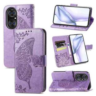 For Huawei  P50 Pro Butterfly Love Flowers Embossed Horizontal Flip Leather Case with Holder & Card Slots & Wallet & Lanyard(Light Purple)