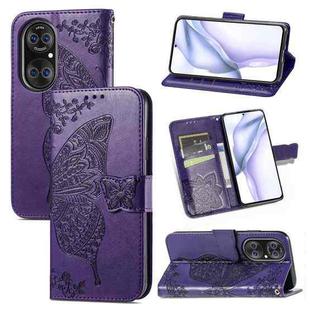 For Huawei  P50 Butterfly Love Flowers Embossed Horizontal Flip Leather Case with Holder & Card Slots & Wallet & Lanyard(Dark Purple)