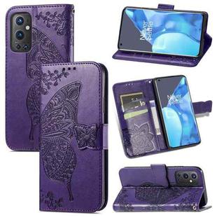 For OnePlus 9 Pro Butterfly Love Flowers Embossed Horizontal Flip Leather Case with Holder & Card Slots & Wallet & Lanyard(Dark Purple)