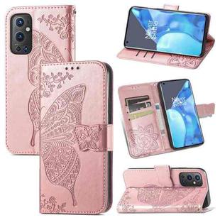 For OnePlus 9 Pro Butterfly Love Flowers Embossed Horizontal Flip Leather Case with Holder & Card Slots & Wallet & Lanyard(Rose Gold)