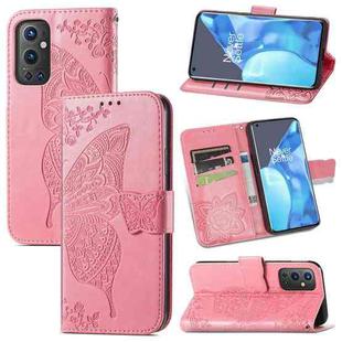 For OnePlus 9 Pro Butterfly Love Flowers Embossed Horizontal Flip Leather Case with Holder & Card Slots & Wallet & Lanyard(Pink)