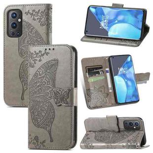 For OnePlus 9 Pro Butterfly Love Flowers Embossed Horizontal Flip Leather Case with Holder & Card Slots & Wallet & Lanyard(Gray)