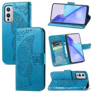 For OnePlus 9 Butterfly Love Flowers Embossed Horizontal Flip Leather Case with Holder & Card Slots & Wallet & Lanyard(Blue)