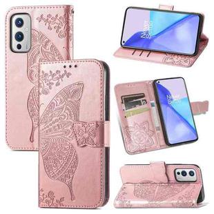 For OnePlus 9 Butterfly Love Flowers Embossed Horizontal Flip Leather Case with Holder & Card Slots & Wallet & Lanyard(Rose Gold)