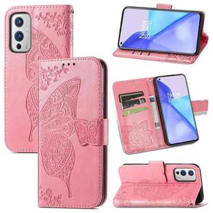 For OnePlus 9 Butterfly Love Flowers Embossed Horizontal Flip Leather Case with Holder & Card Slots & Wallet & Lanyard(Pink)