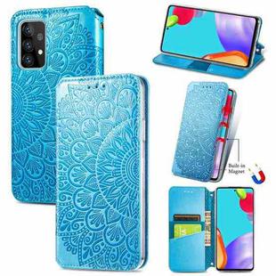 For Samsung Galaxy A52 5G / 4G Blooming Mandala Embossed Pattern Magnetic Horizontal Flip Leather Case with Holder & Card Slots & Wallet(Blue)