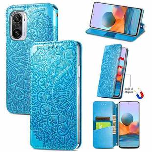 For Xiaomi Redmi K40 / K40 Pro Blooming Mandala Embossed Pattern Magnetic Horizontal Flip Leather Case with Holder & Card Slots & Wallet(Blue)