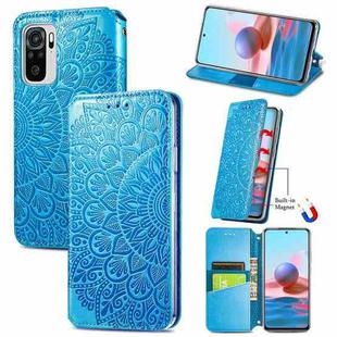 For Xiaomi Redmi Note 10 4G Blooming Mandala Embossed Pattern Magnetic Horizontal Flip Leather Case with Holder & Card Slots & Wallet(Blue)