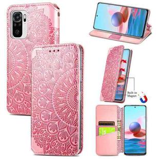 For Xiaomi Redmi Note 10 4G Blooming Mandala Embossed Pattern Magnetic Horizontal Flip Leather Case with Holder & Card Slots & Wallet(Pink)