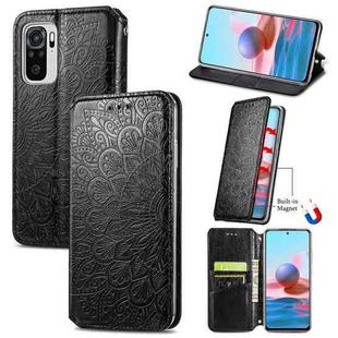 For Xiaomi Redmi Note 10 4G Blooming Mandala Embossed Pattern Magnetic Horizontal Flip Leather Case with Holder & Card Slots & Wallet(Black)