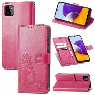 For Samsung Galaxy A22 5G Four-leaf Clasp Embossed Buckle Mobile Phone Protection Leather Case with Lanyard & Card Slot & Wallet & Bracket Function(Rose Red)
