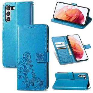 For Samsung Galaxy S21 FE Four-leaf Clasp Embossed Buckle Mobile Phone Protection Leather Case with Lanyard & Card Slot & Wallet & Bracket Function(Blue)