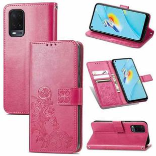 For OPPO A54  4G Four-leaf Clasp Embossed Buckle Mobile Phone Protection Leather Case with Lanyard & Card Slot & Wallet & Bracket Function(Rose Red)