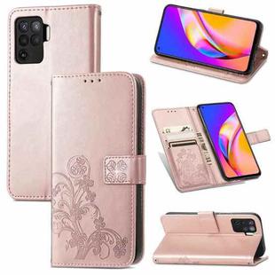For OPPO A94 4G/ F19 Pro Four-leaf Clasp Embossed Buckle Mobile Phone Protection Leather Case with Lanyard & Card Slot & Wallet & Bracket Function(Rose Gold)