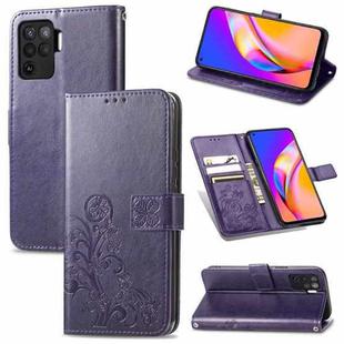 For OPPO A94 4G/ F19 Pro Four-leaf Clasp Embossed Buckle Mobile Phone Protection Leather Case with Lanyard & Card Slot & Wallet & Bracket Function(Purple)