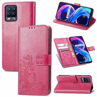 For OPPO Realme 8 5G / Realme V13 5G Four-leaf Clasp Embossed Buckle Mobile Phone Protection Leather Case with Lanyard & Card Slot & Wallet & Bracket Function(Rose Red)